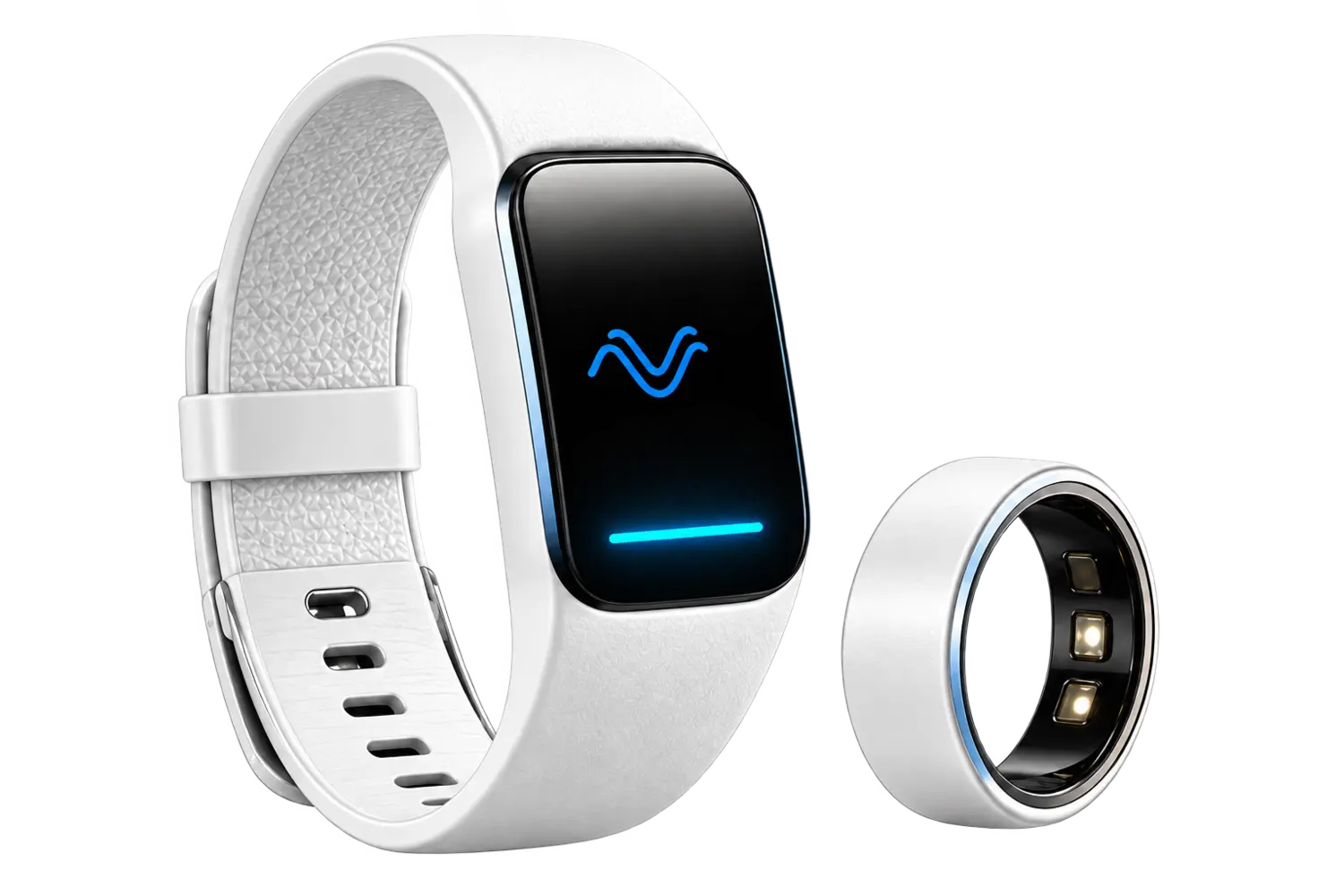 White MetaboWave wearable band and matching ring